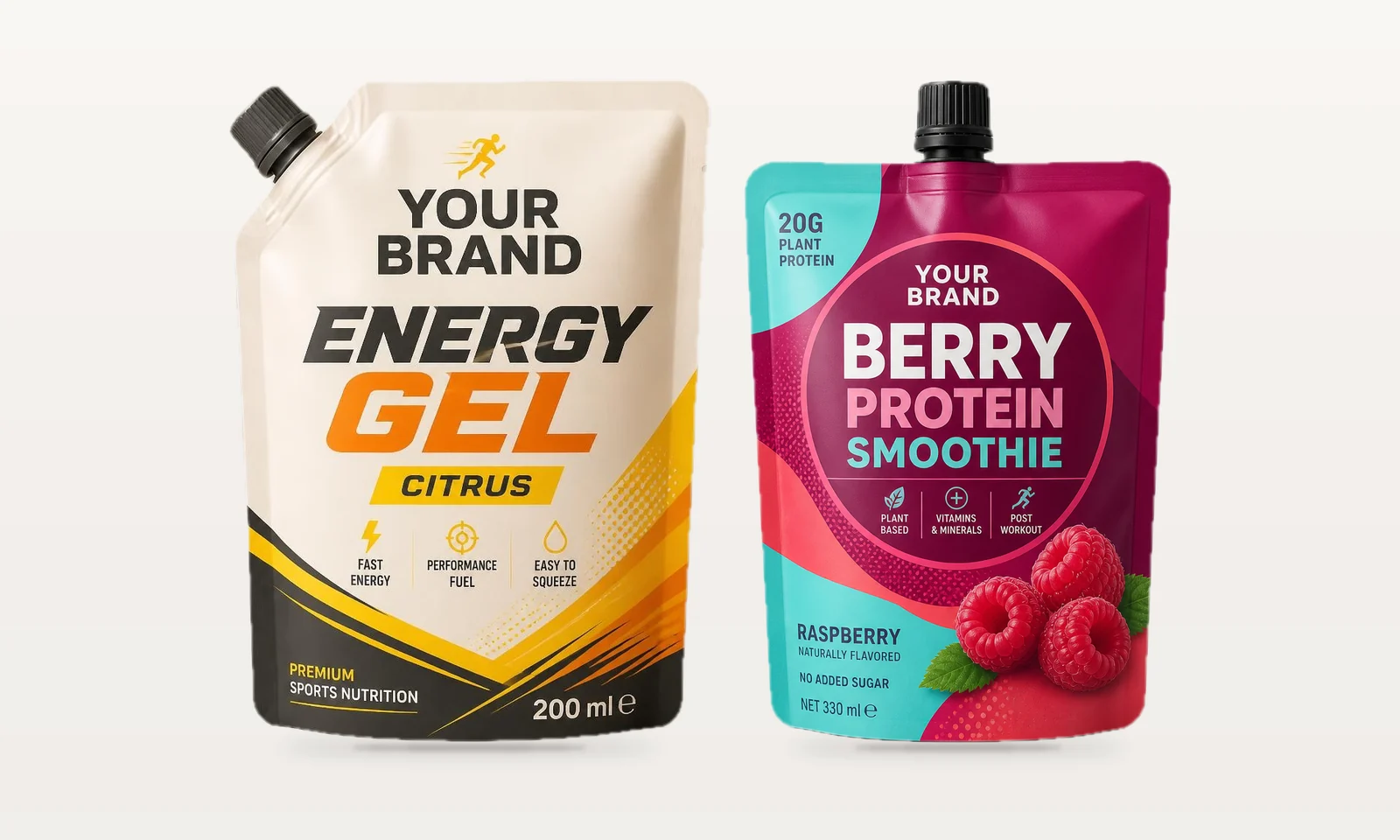 Gelecek ürün çalışmaları için baskılı enerji jeli ve protein içeceği ambalaj konseptleri