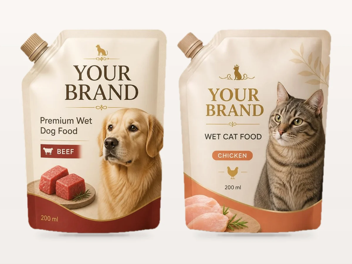 Kedi ve köpek ürünleri için iki baskılı doypack ambalaj konsepti