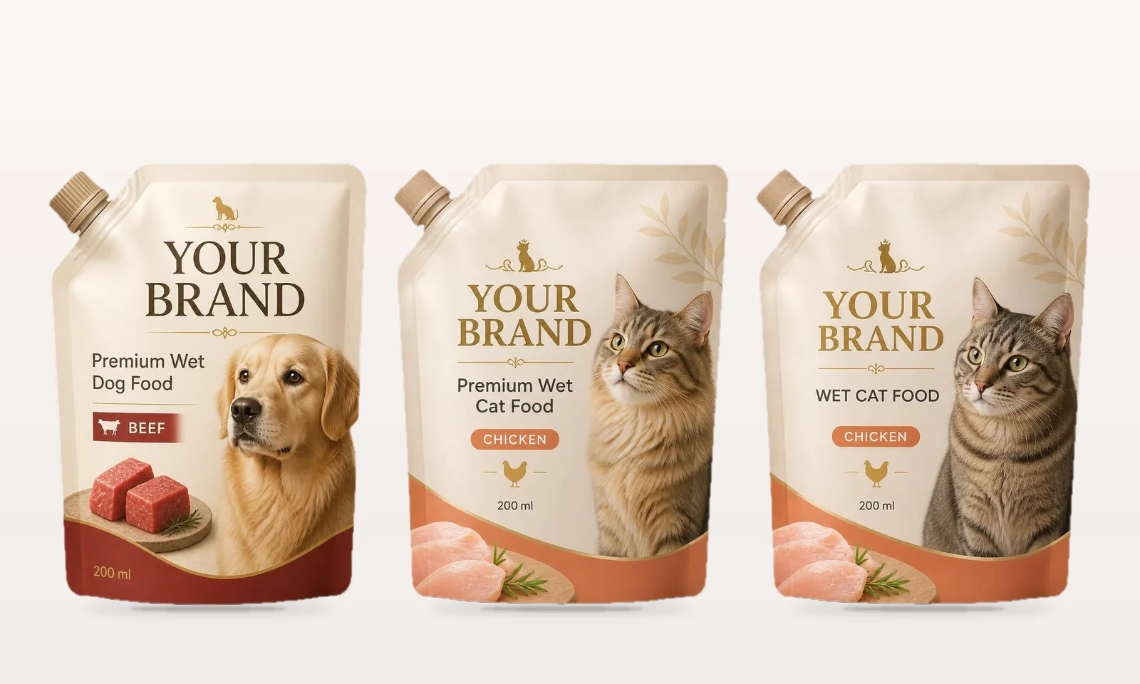 Kedi ve köpek yaş mama uygulamalarına ait doypack ambalajları
