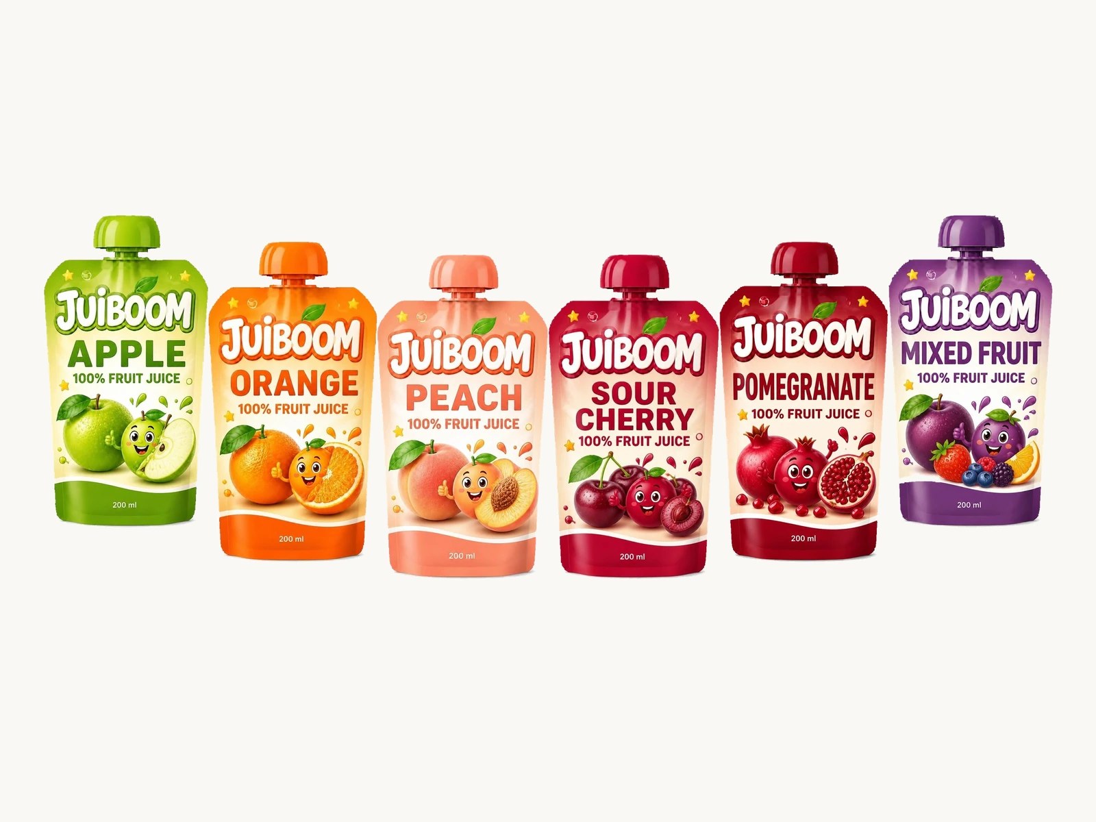 JUIBOOM 200 ml %100 meyve suyu ailesi - altı çeşitli kapaklı doypack poşetler