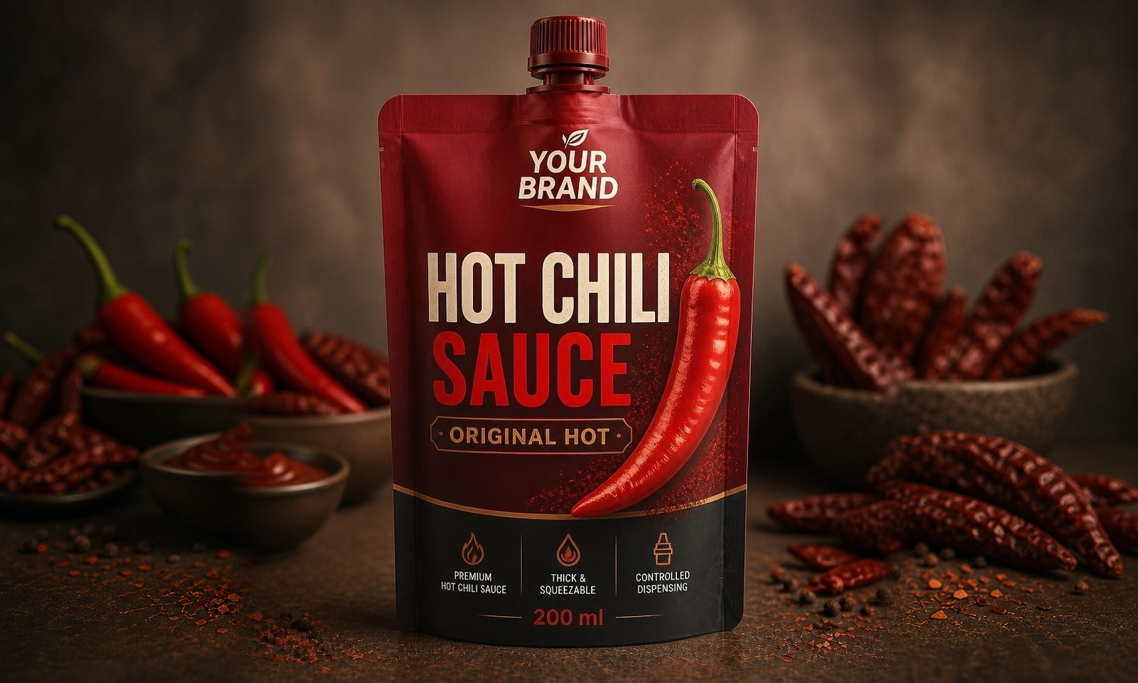 Your Brand acı biber sosu tasarımlı temsili spoutlu ambalaj