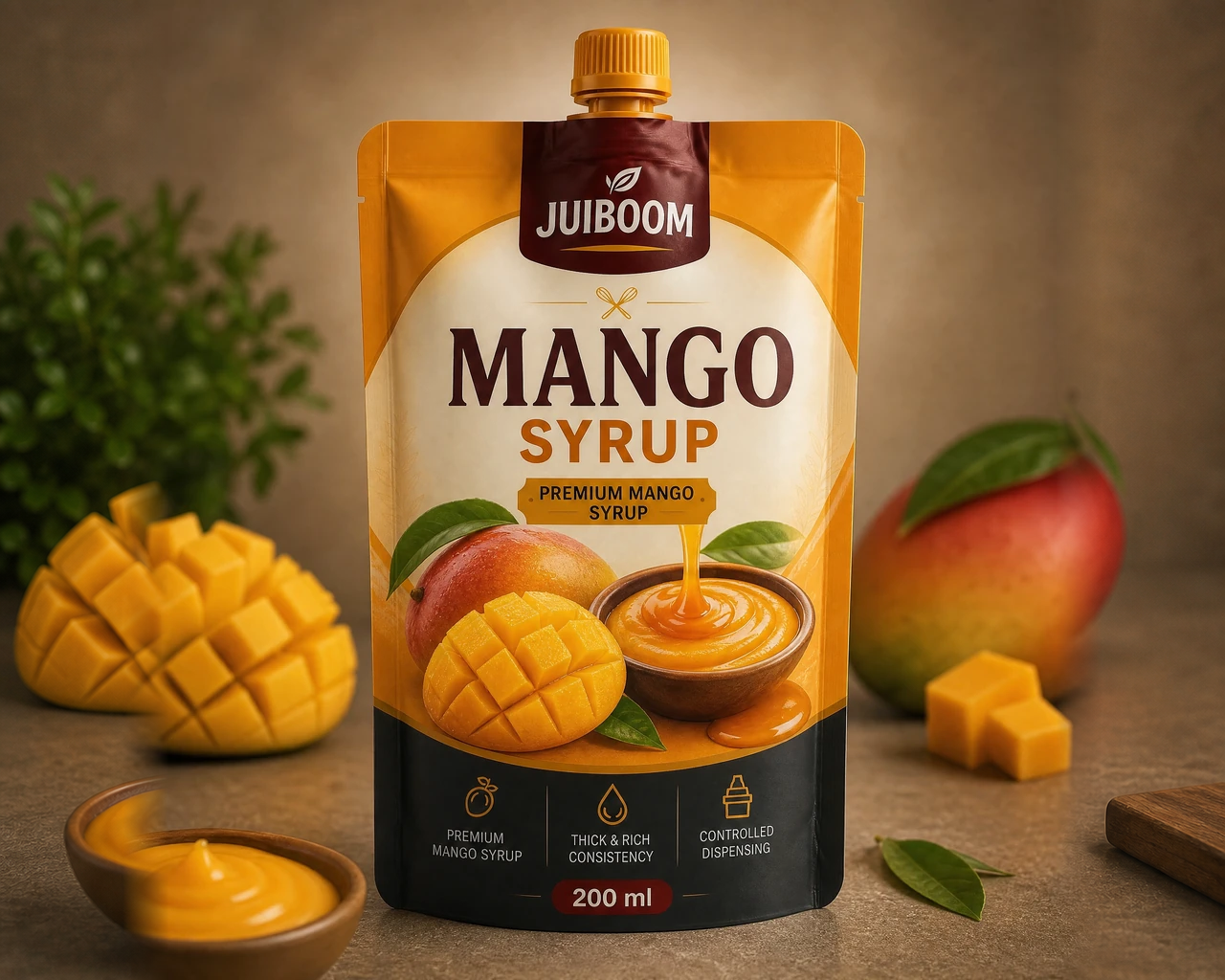 Temsili JUIBOOM mango şurubu doypack ambalaj konsepti