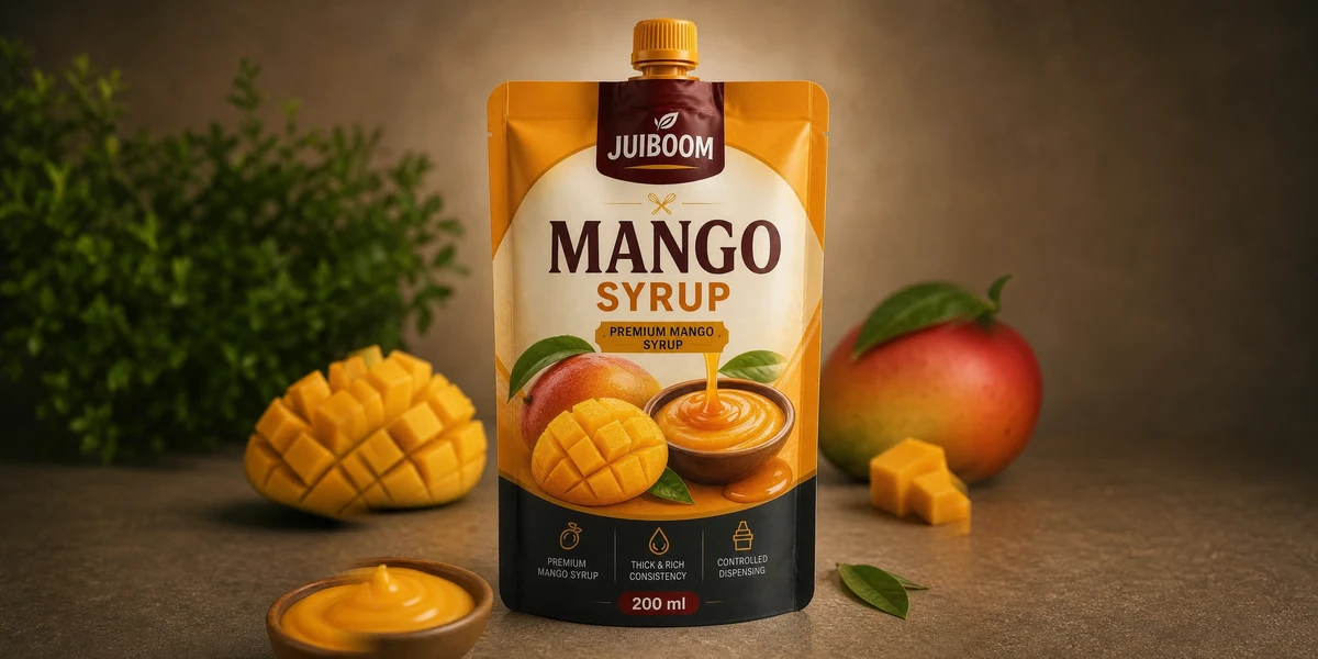 Temsili JUIBOOM mango şurubu doypack ambalaj konsepti